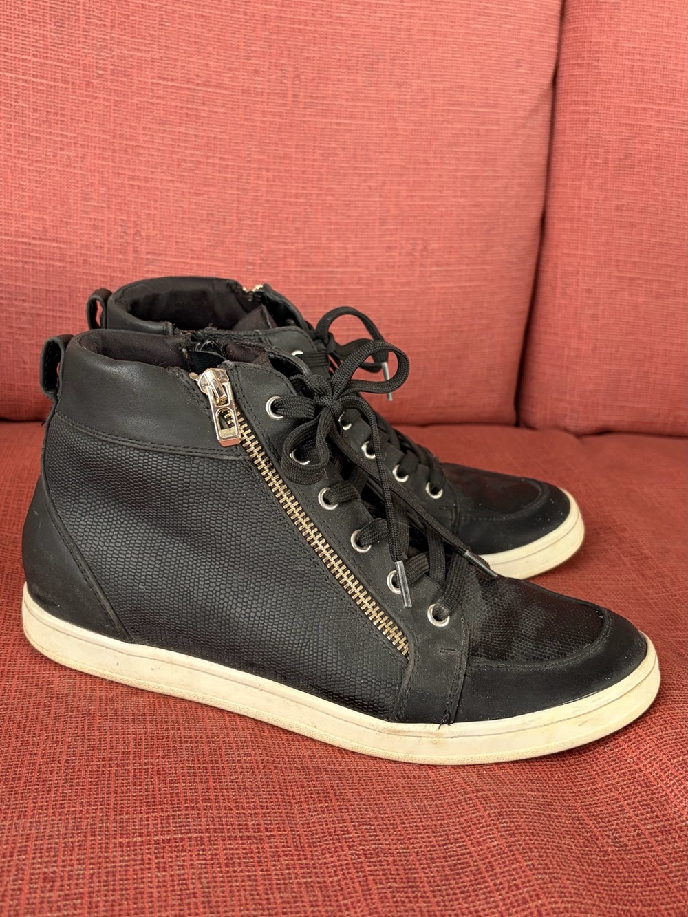 Size 8 Black High-Top Lace-Up Sneakers with Side Zip